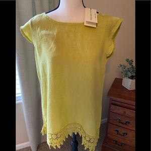 Anthropologie Women’s Crochet-Hem Linen Top in Chartreuse